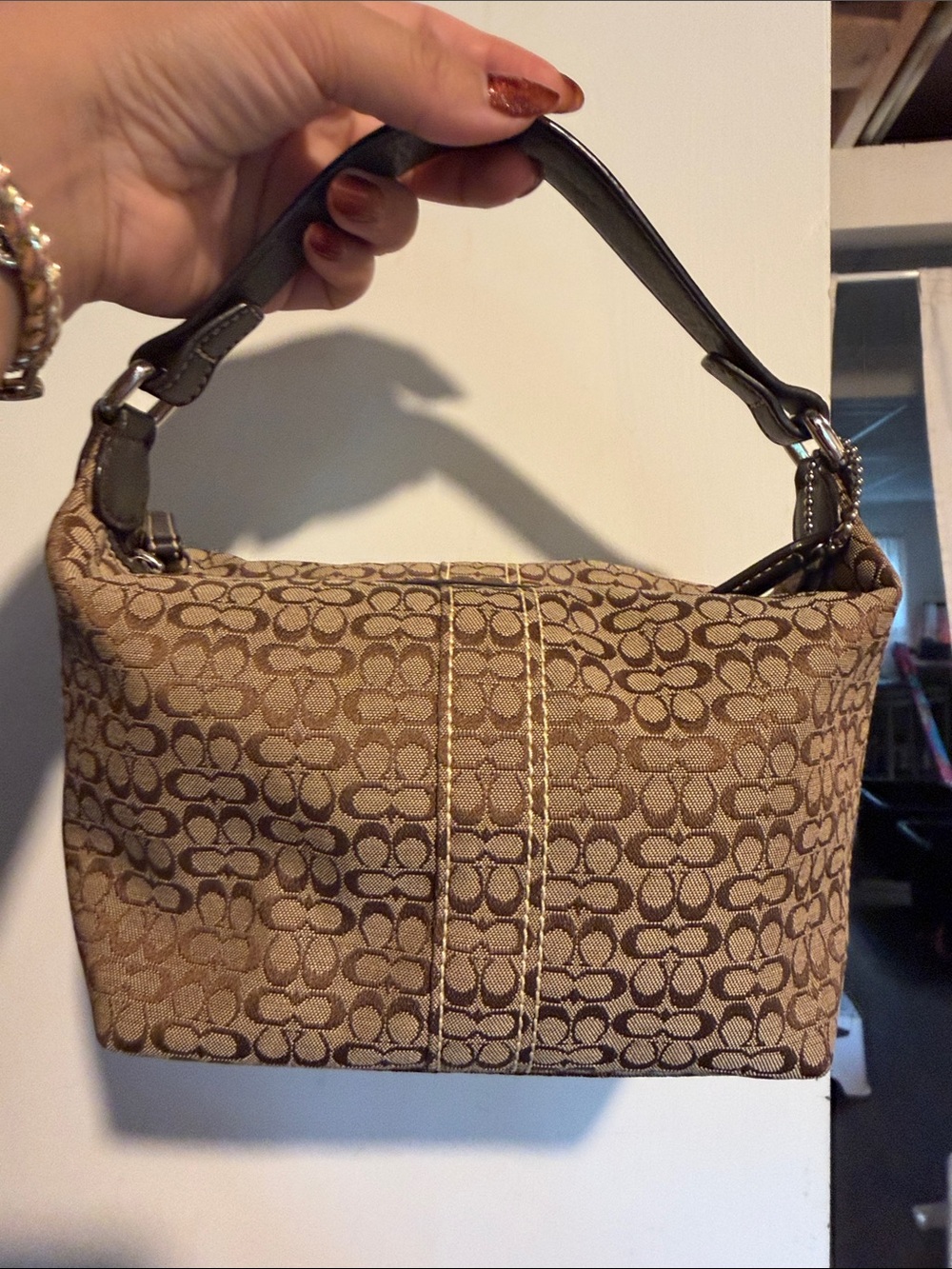 Coach Brown Signature Jacquard Shoulder Bag with Dark Trim